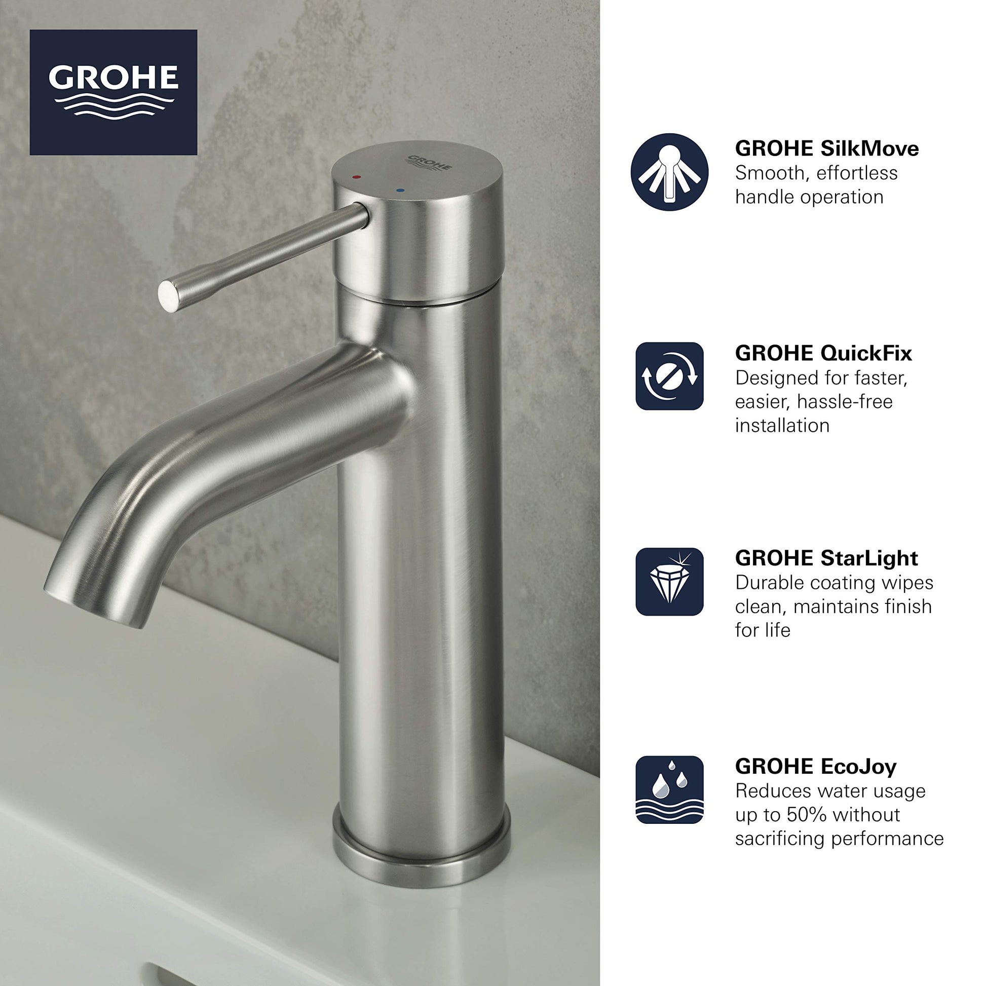 Grohe Essence single-hole bathroom faucet in hard graphite with curved spout and single lever handle.