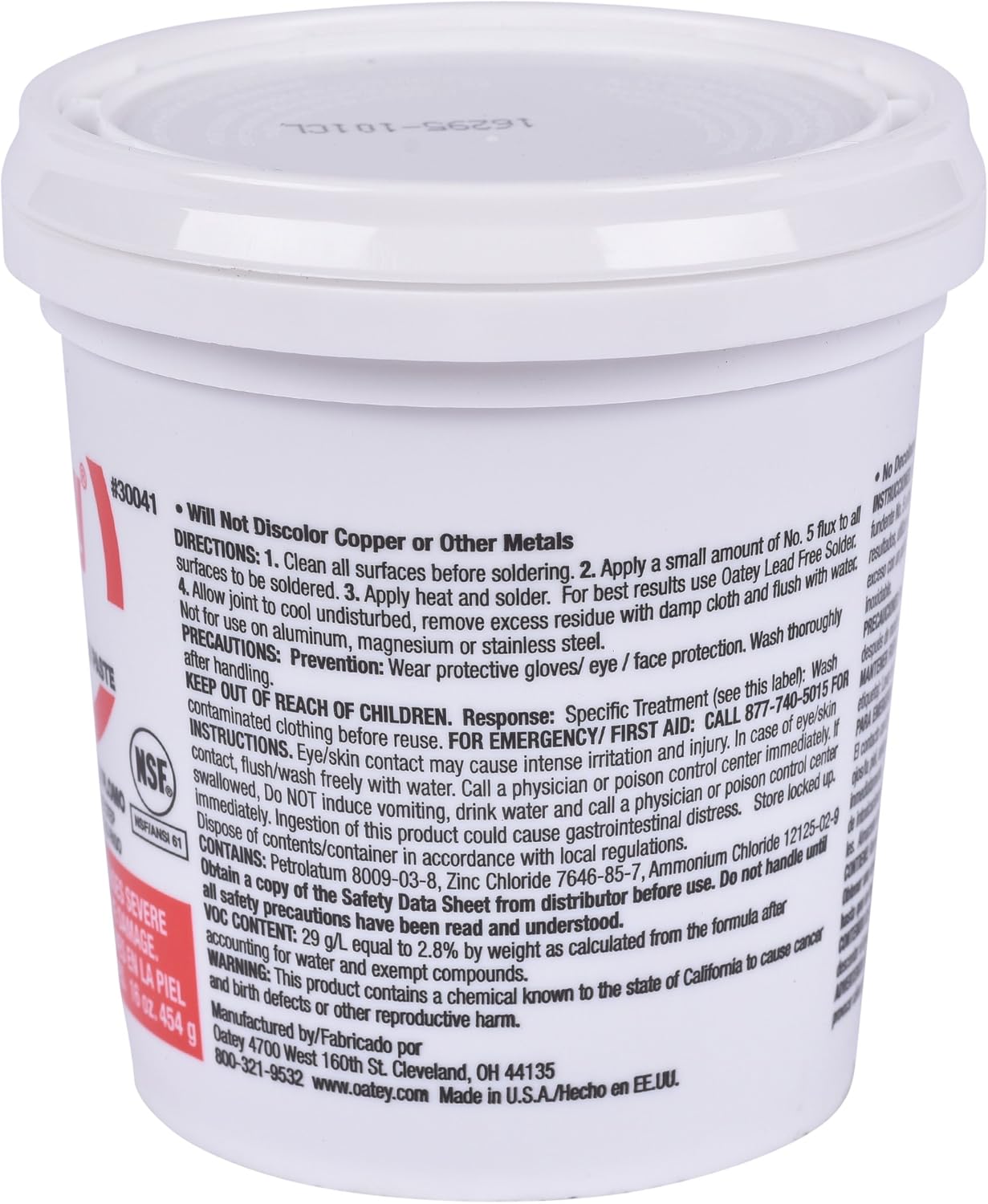 White plastic container with lid labeled "30041" containing soldering flux paste.