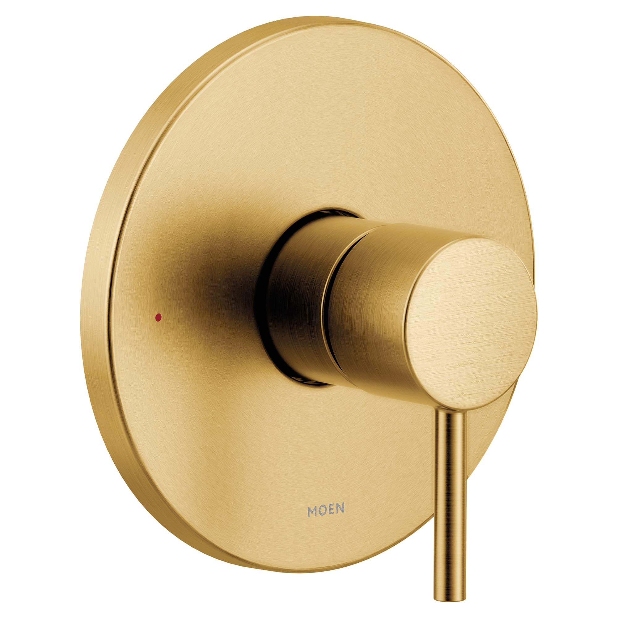 Brushed gold single-handle valve trim kit with circular escutcheon plate and cylindrical lever handle.
