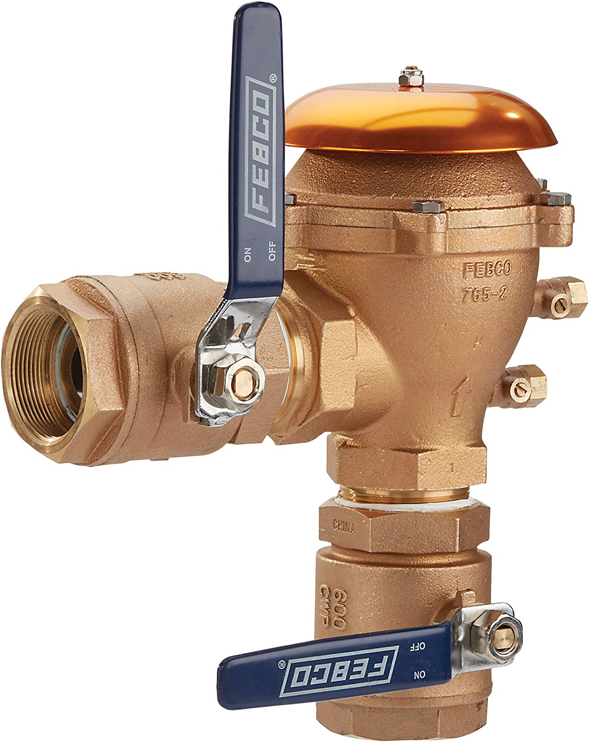 Bronze pressure vacuum breaker with 2-inch threaded connections, dual blue toggle handles, and freeze sensor components.