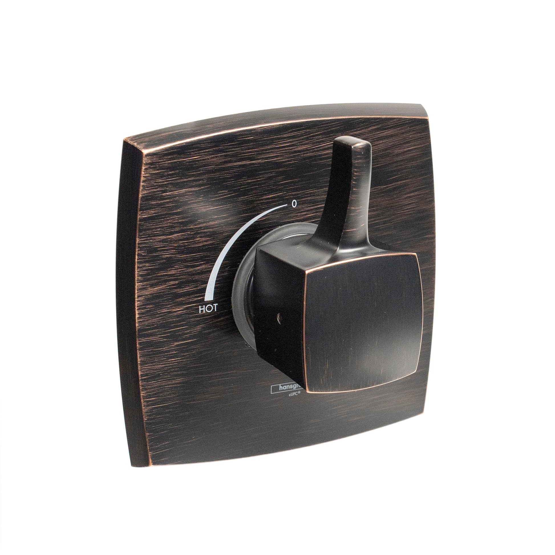 Square rubbed bronze shower valve trim with lever handle, temperature dial, and pressure balance control.