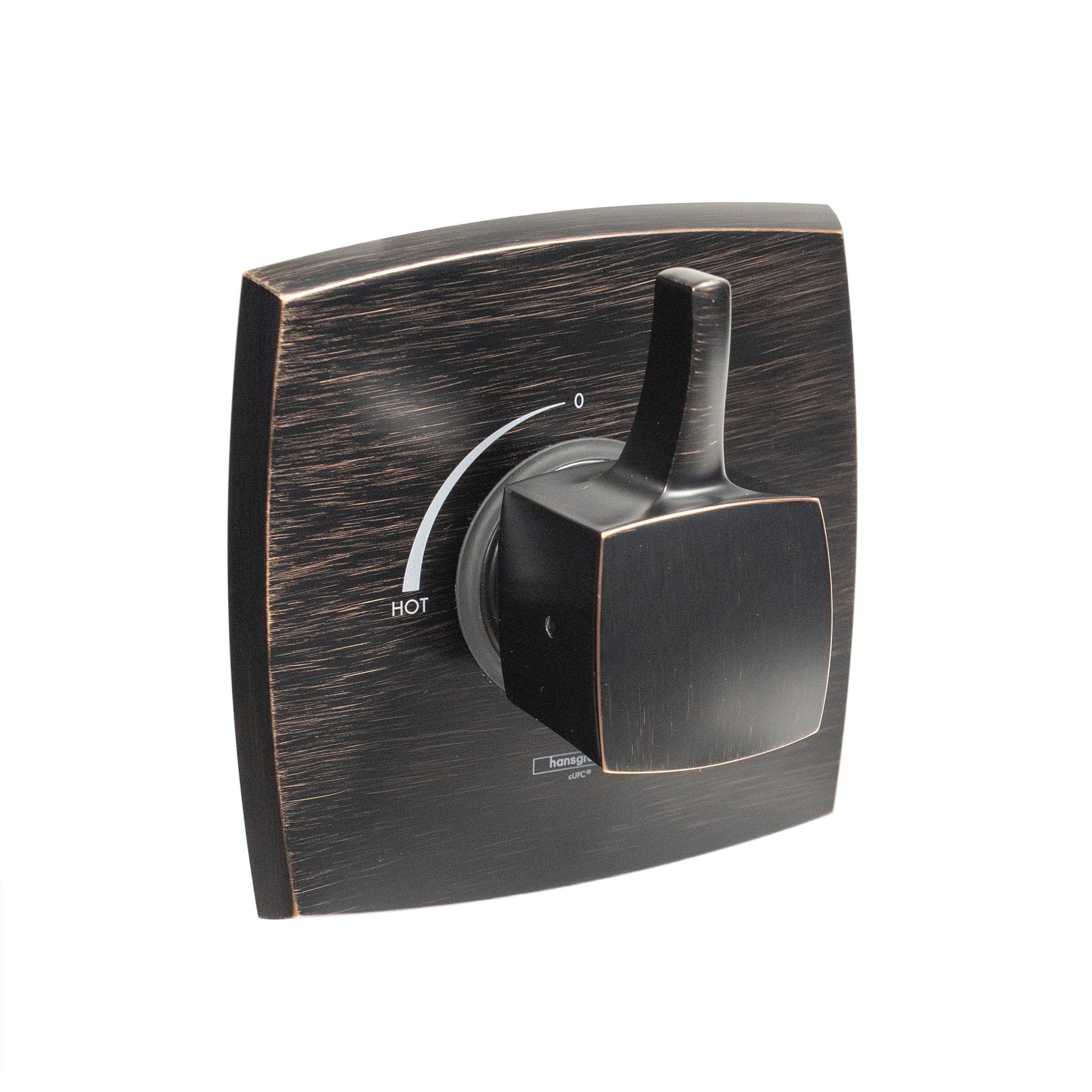 Square rubbed bronze shower valve trim with lever handle, temperature dial, and pressure balance control.