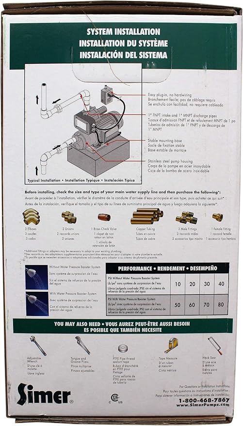 Simer stainless steel booster pump system installation manual with diagrams, performance specifications, and required accesso