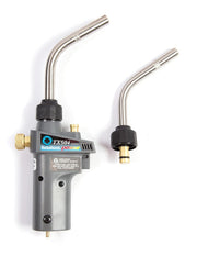 TurboTorch TX504 handheld torch with gray metal body, brass fittings, curved metal nozzle, and detachable swirl head attachme