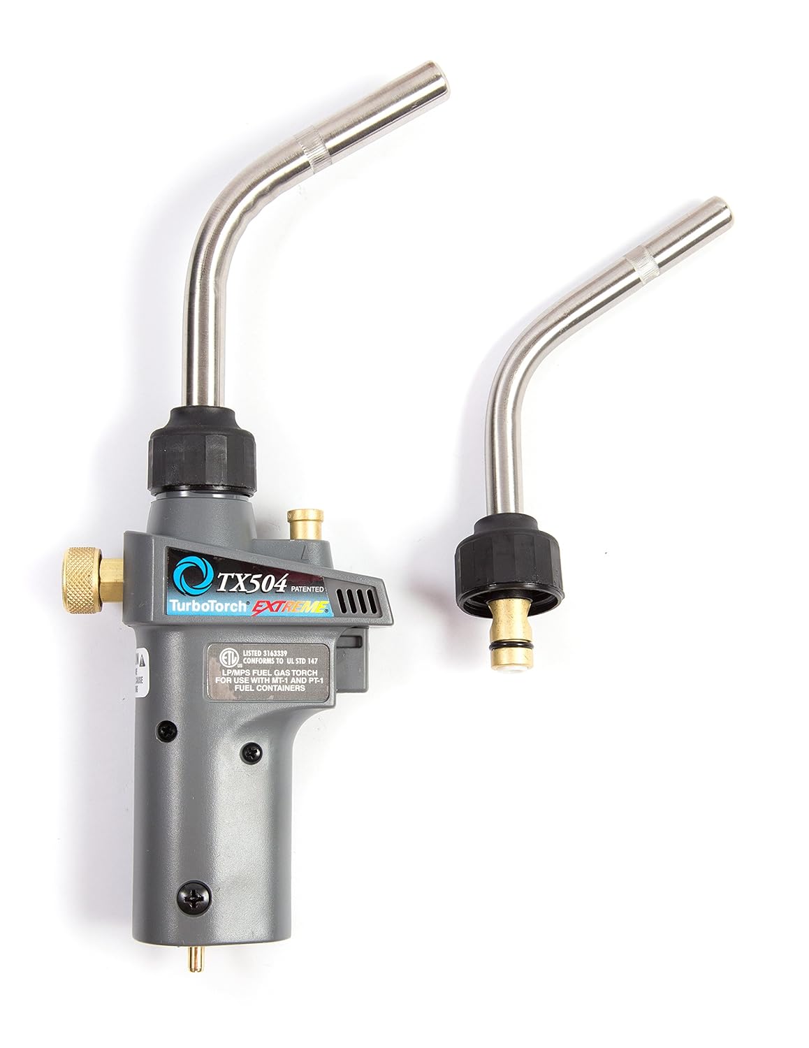 TurboTorch TX504 handheld torch with gray metal body, brass fittings, curved metal nozzle, and detachable swirl head attachme
