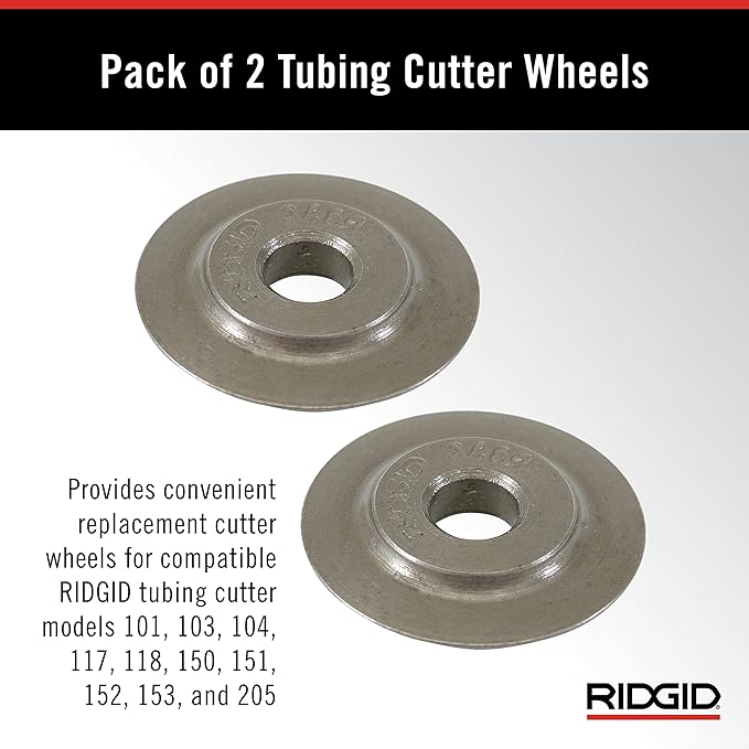 Two metallic circular tubing cutter wheels with center holes, stacked vertically.
