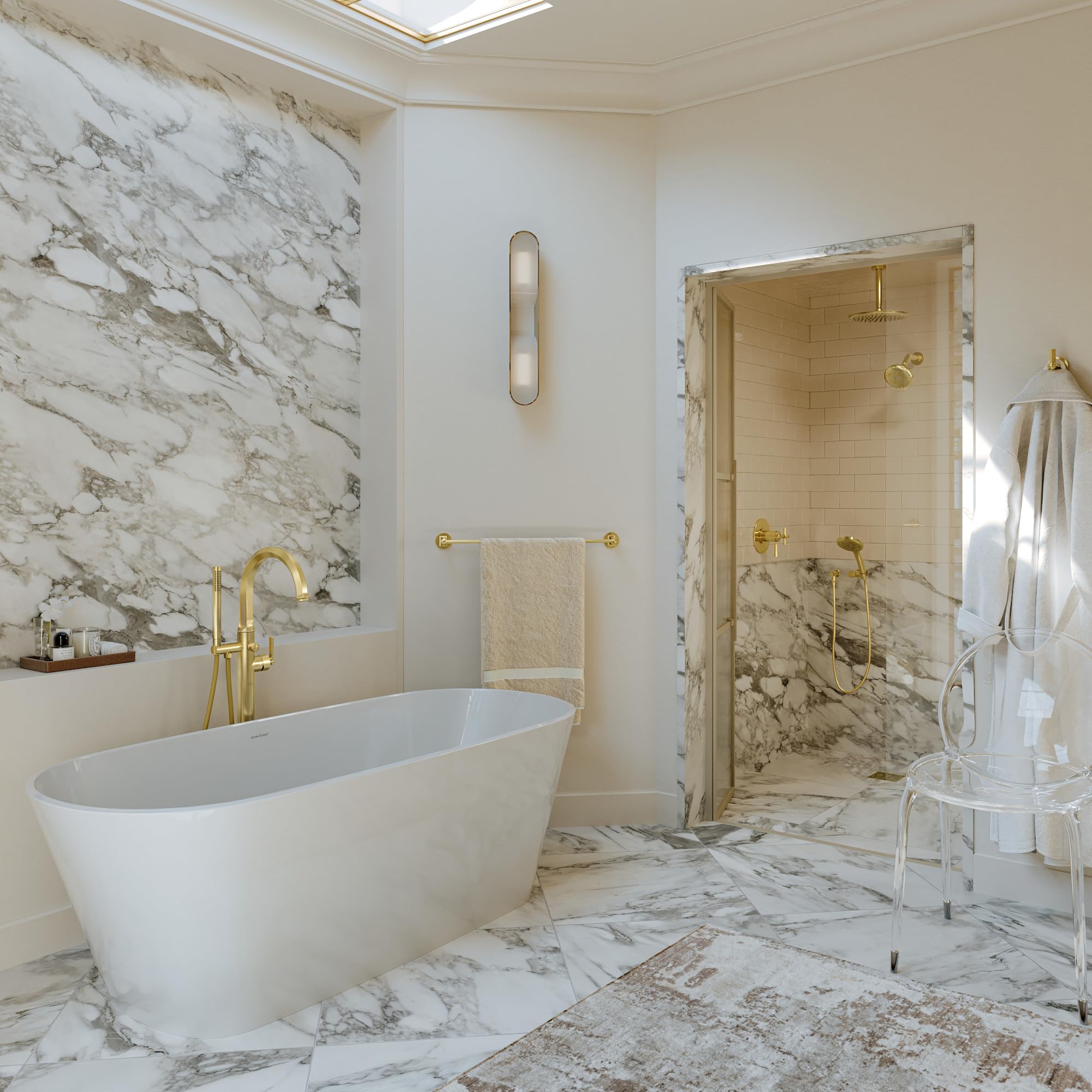 Polished chrome shower hose coiled against white bathroom wall with marble surround and shower enclosure.