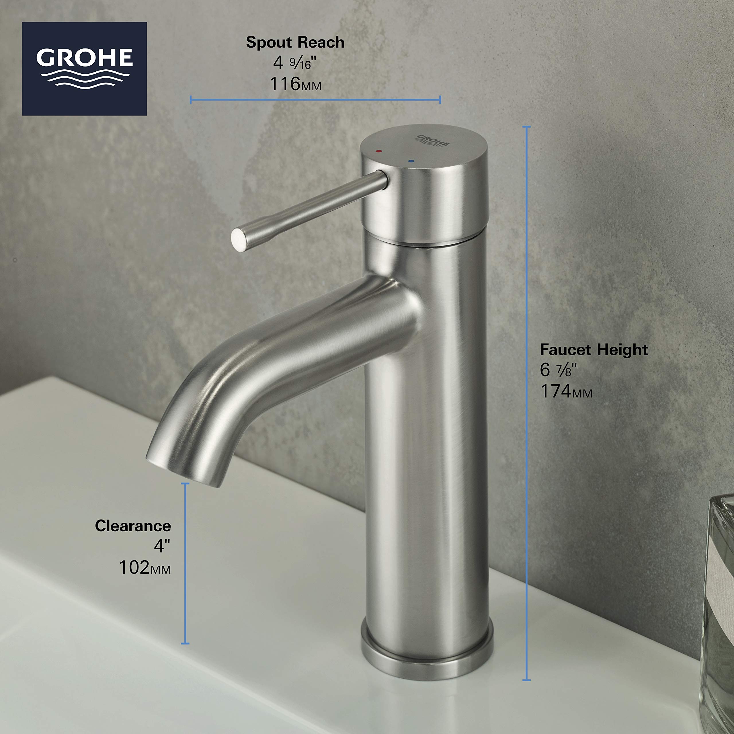 Grohe brushed nickel single-handle bathroom faucet with curved spout and cylindrical body on white sink.
