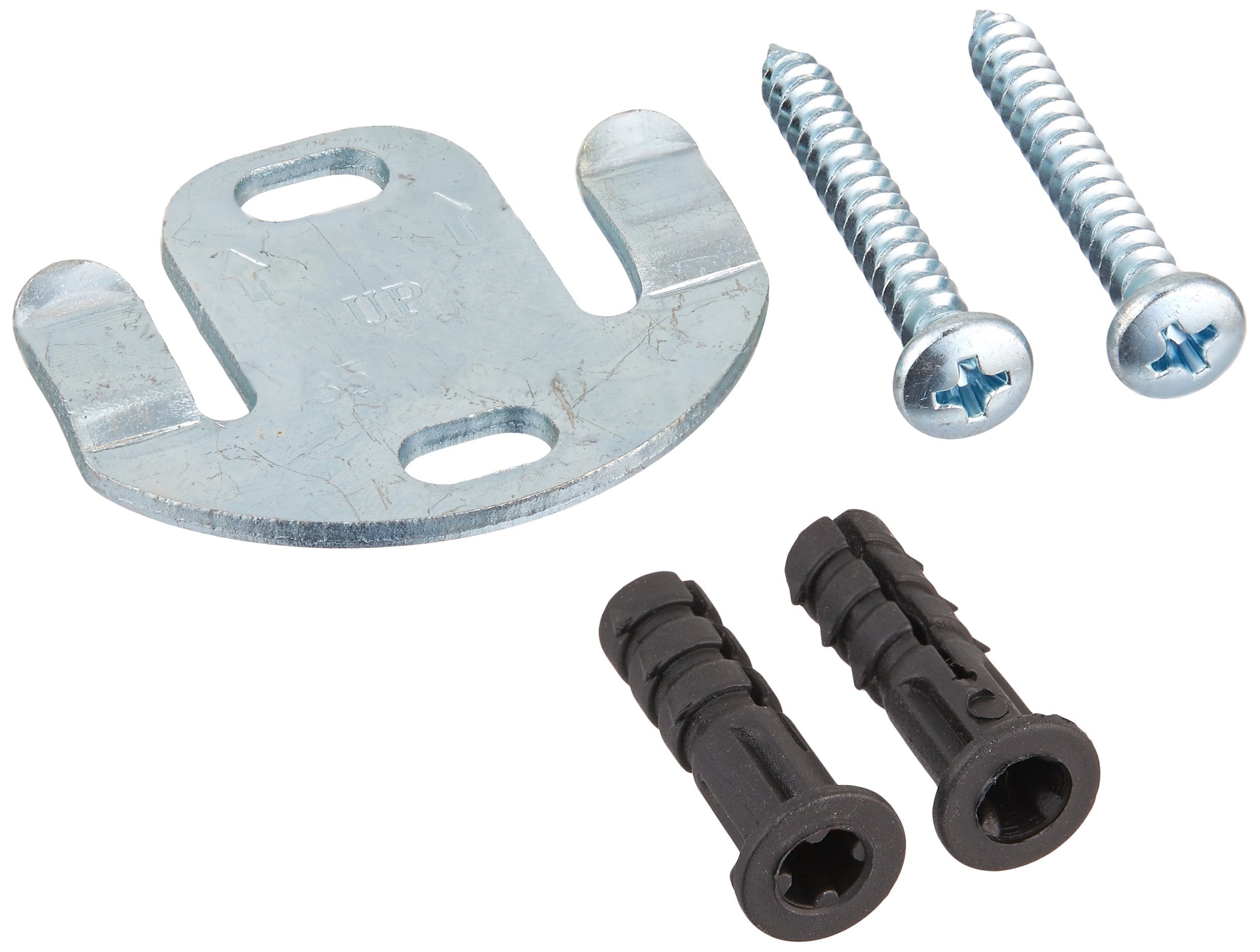 Metal mounting bracket with two screw holes, two Phillips head screws, and two black wall anchors.