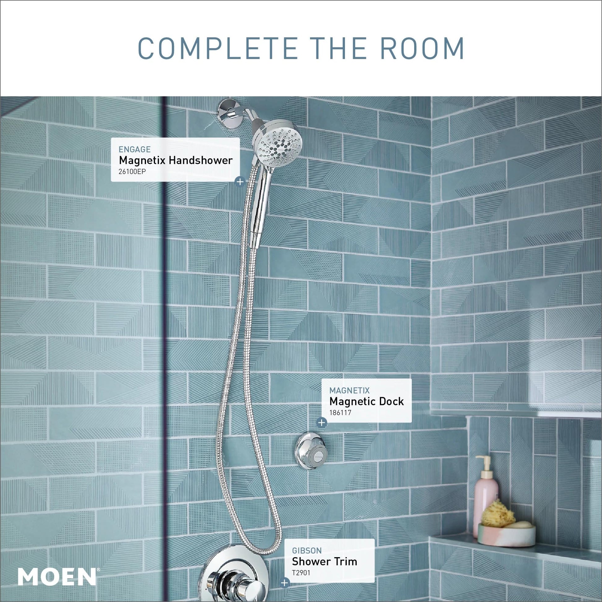 Chrome hand shower with perforated circular head and flexible hose attached to wall mount with magnetic dock.