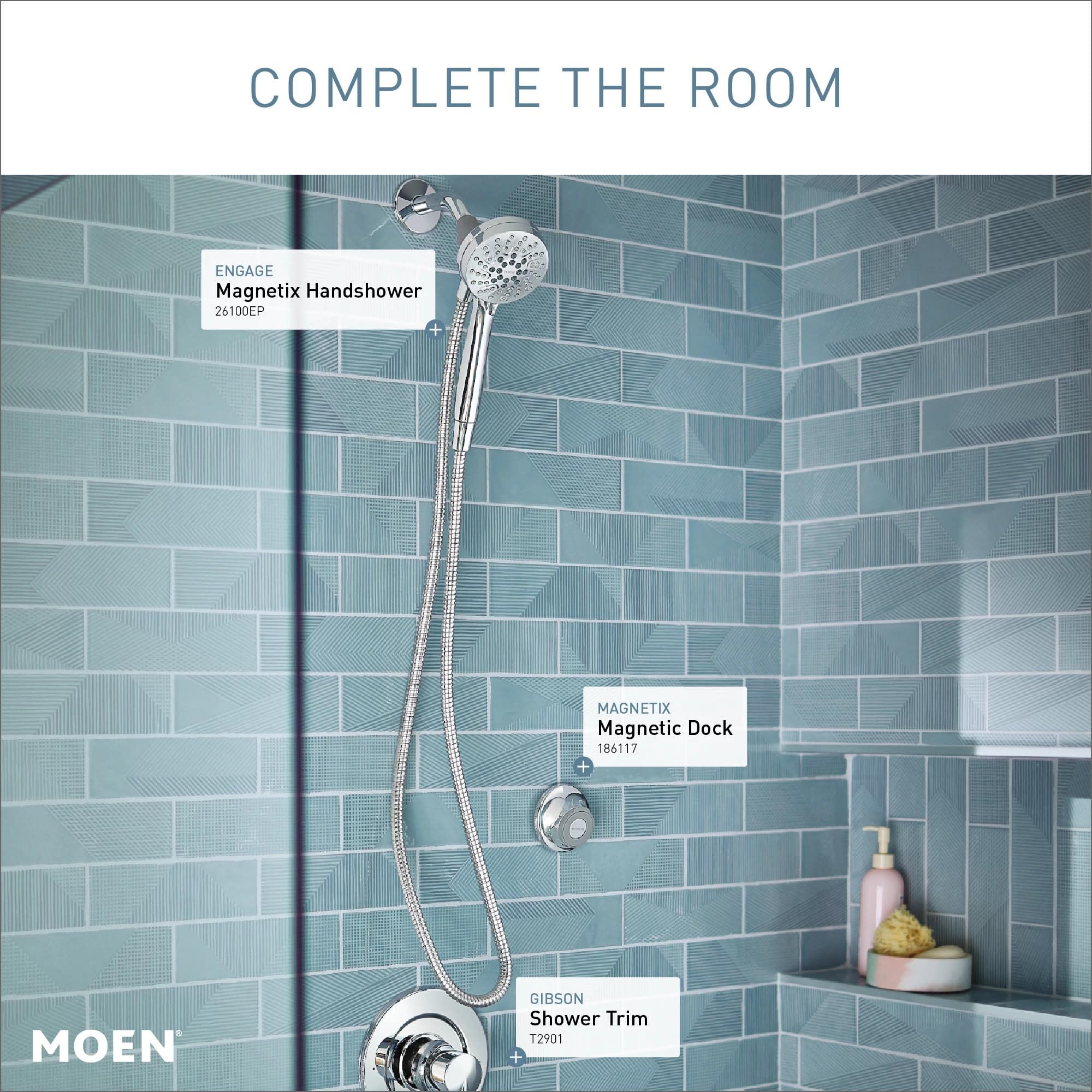 Chrome hand shower with perforated circular head and flexible hose attached to wall mount with magnetic dock.