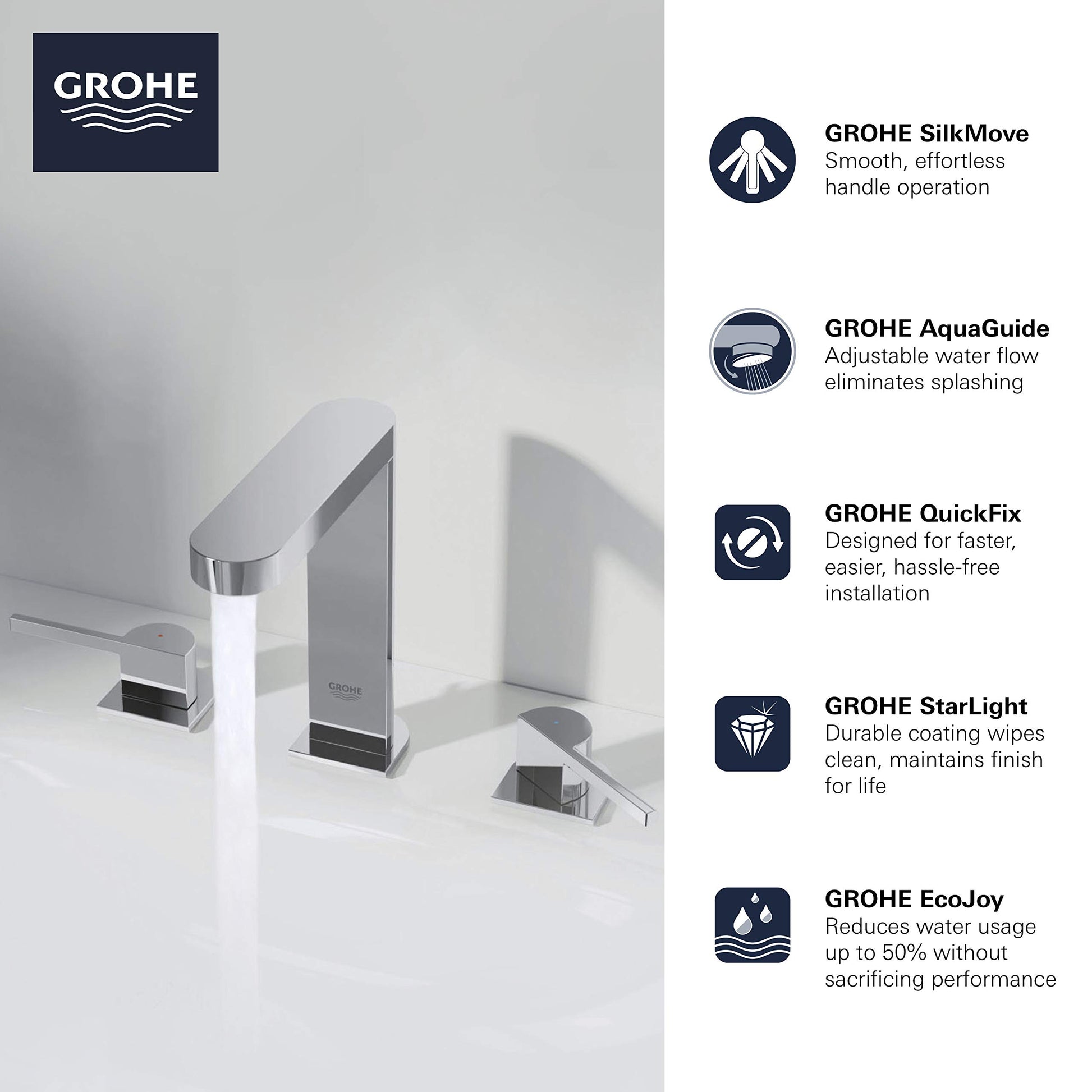 Grohe Plus chrome widespread bathroom faucet with curved spout and two square handles on white sink.