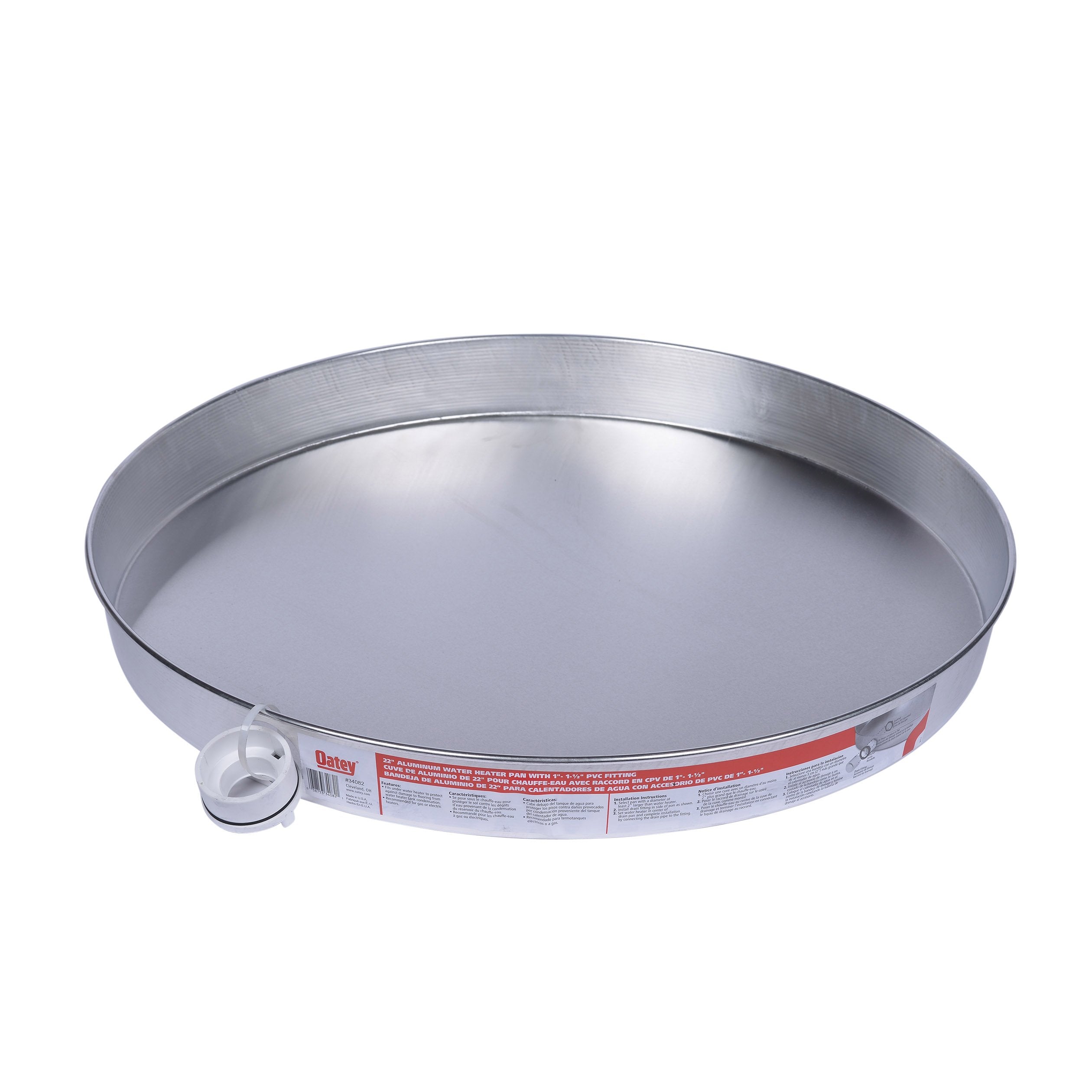 Round metal water heater drain pan with white and aluminum reinforced rim and white drain valve connector.