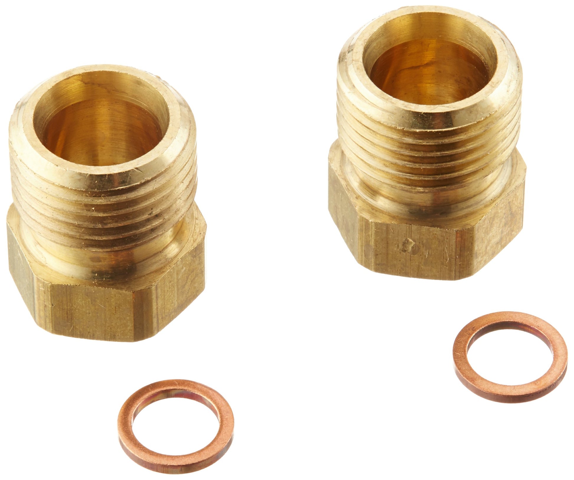 Two brass threaded adapters with hexagonal bases and two copper ring gaskets.