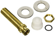 Brass spout adapter with threaded body, two metal washers, white cap, brass nut, and rubber seals.