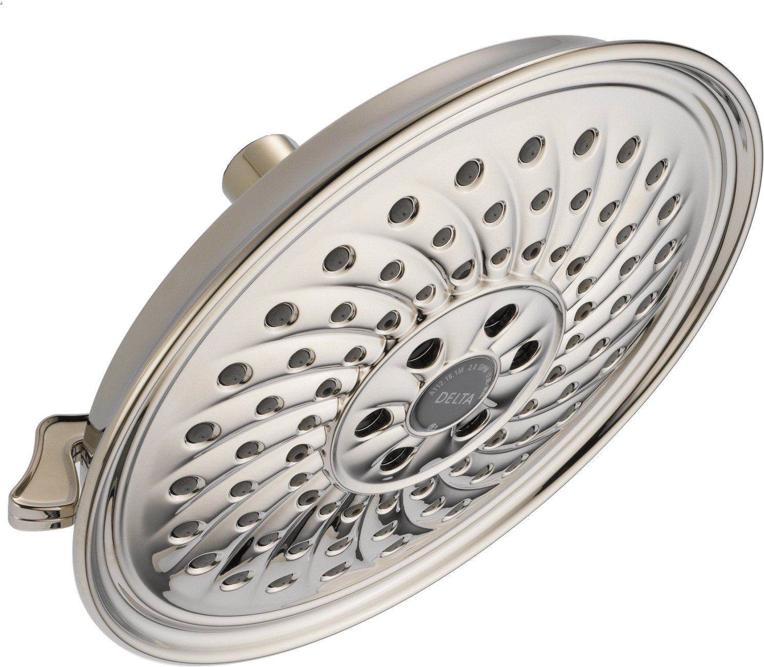Chrome-finish round raincan shower head with multiple spray holes arranged in concentric circles and a side-mounted arm conne