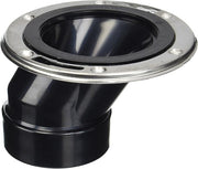 Black plastic offset flange with stainless steel collar ring and four mounting holes.