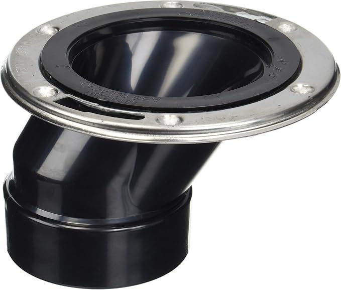 Black plastic offset flange with stainless steel collar ring and four mounting holes.