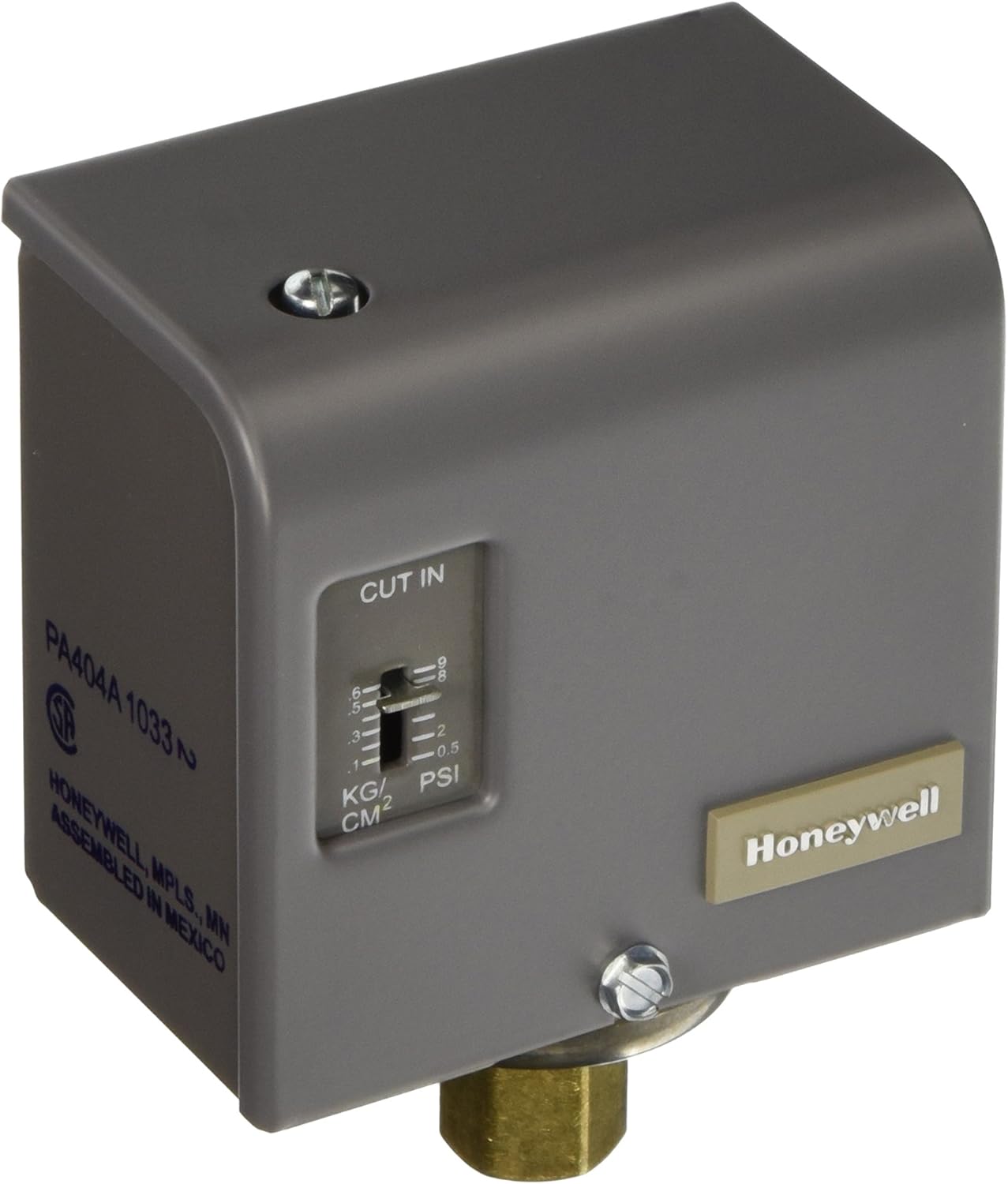 Gray Honeywell pressure controller with "CUT IN" adjustment dial, mounting screw, and brass connection fitting.