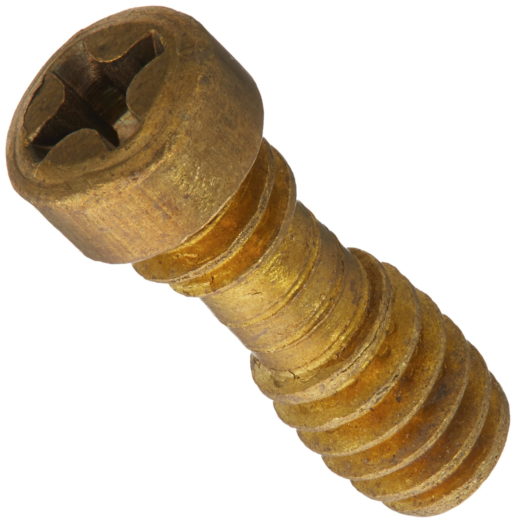 Brass retention screw with Phillips head and threaded shaft, 1/2 inch length.