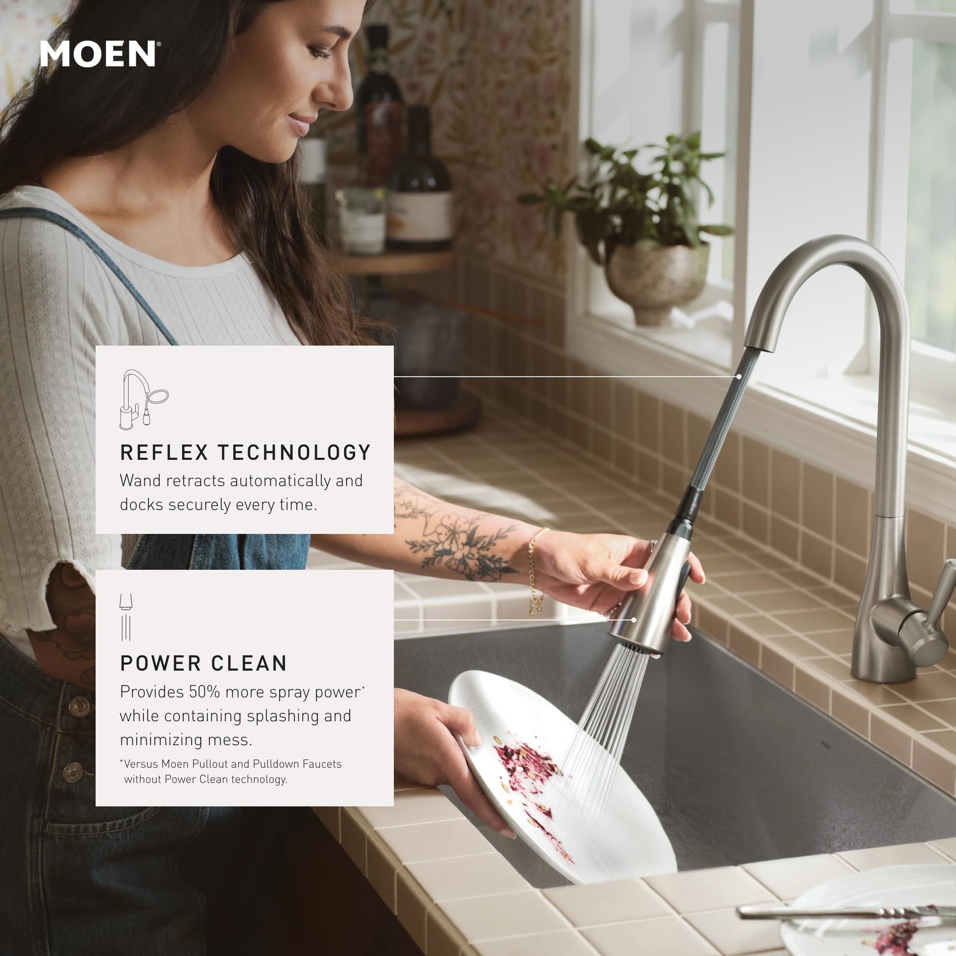 Chrome pulldown kitchen faucet with high arc spout and touchless wave sensor displayed over sink.