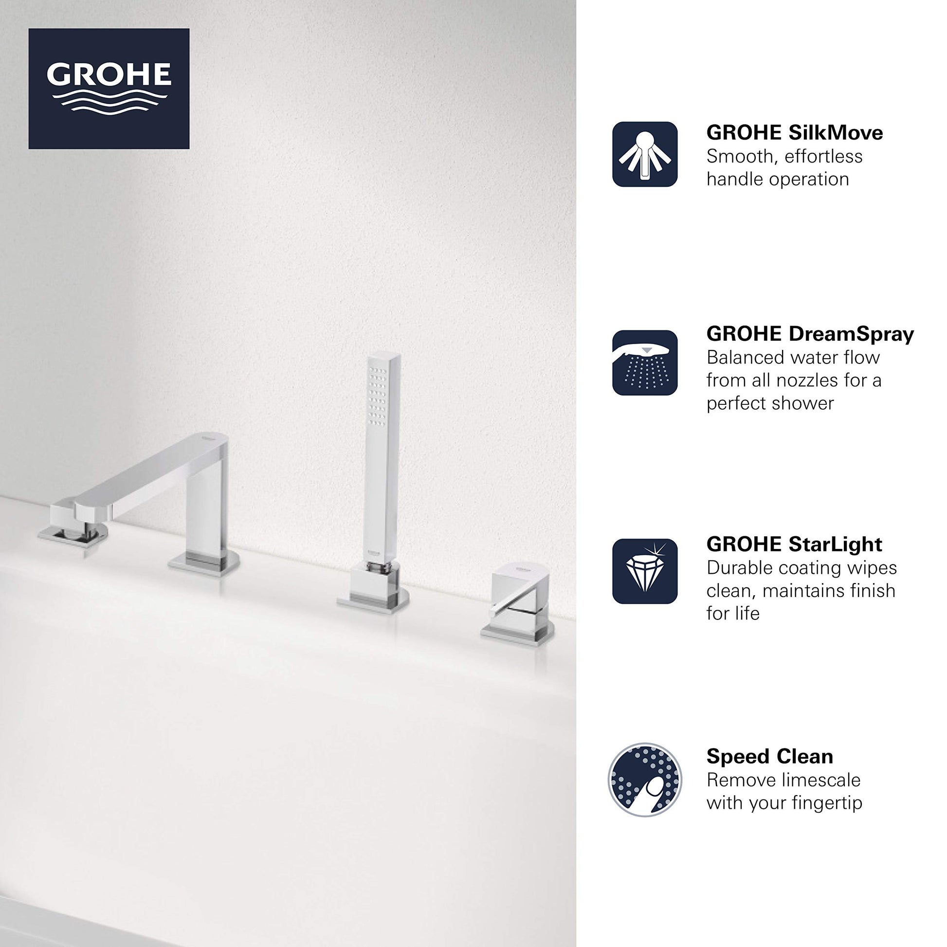 Brushed nickel deck-mount roman tub faucet with single handle, hand shower, and four mounting holes.