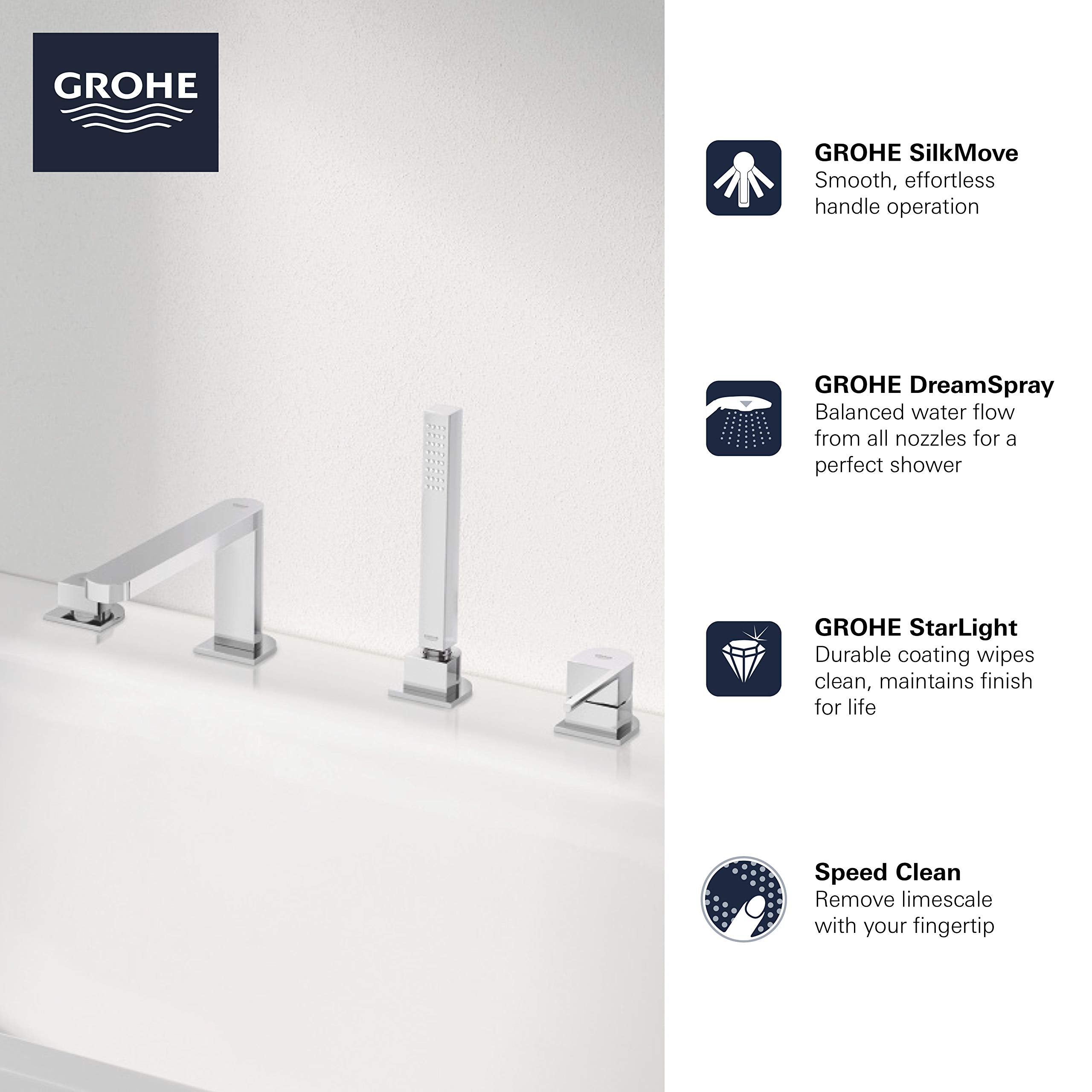 Brushed nickel deck-mount roman tub faucet with single handle, hand shower, and four mounting holes.