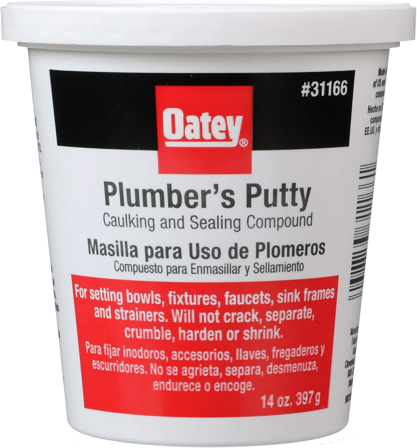 White plastic container of Oatey Plumber's Putty with red and black label showing product name and usage instructions.