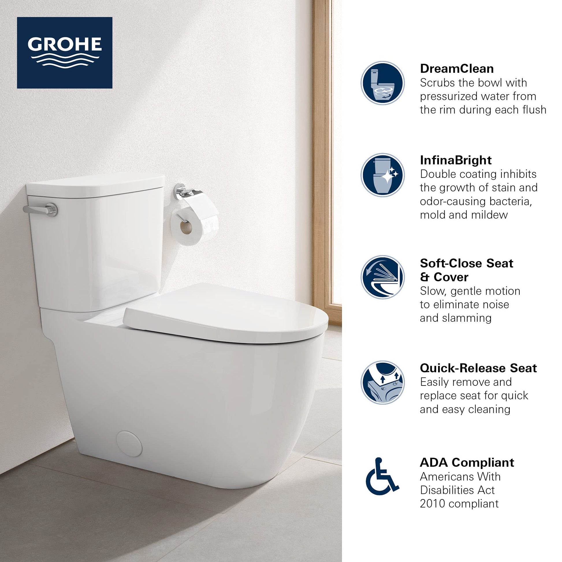 White two-piece elongated toilet with soft-close seat, left-hand trip lever, and tank mounted on white tiled bathroom wall.