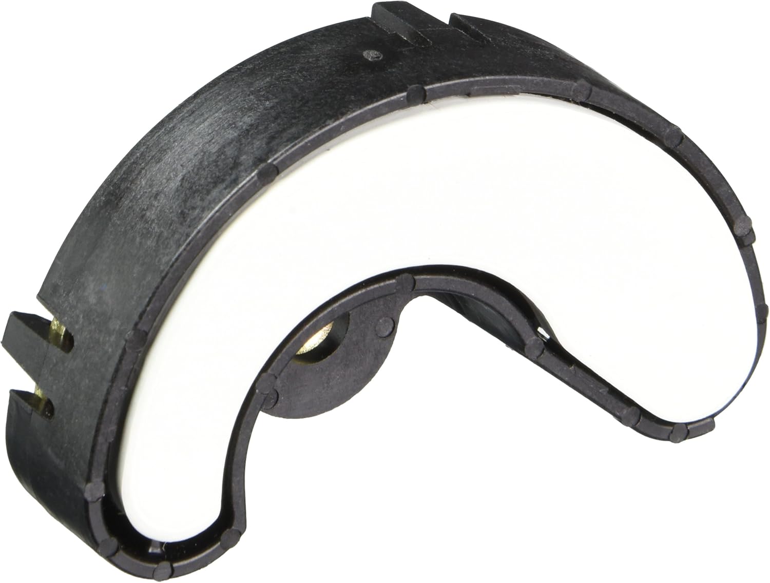 Black metal curved mounting bracket with two brass screws and adjustment slots on the side.