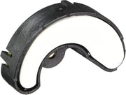 Black metal curved mounting bracket with two brass screws and adjustment slots on the side.