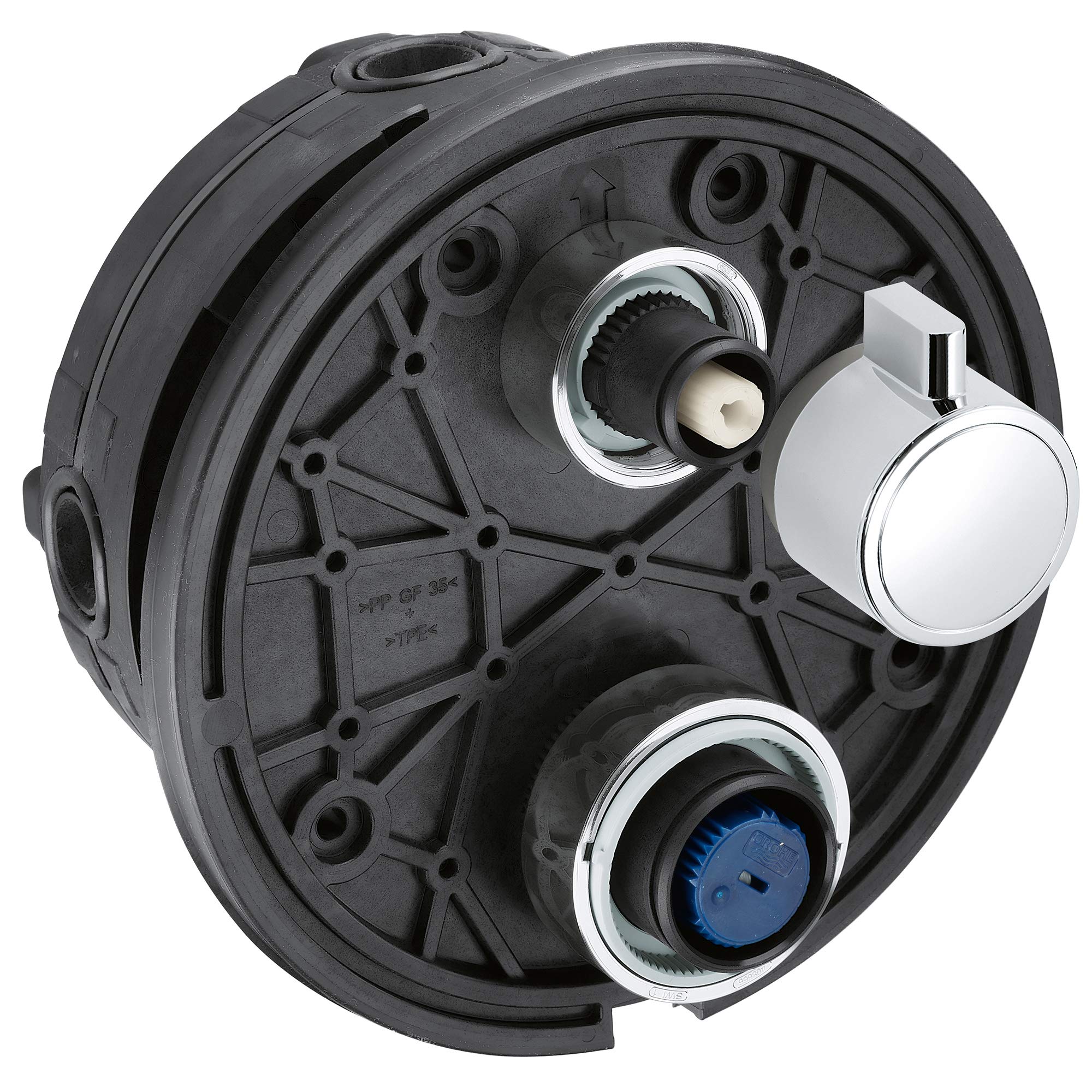Grohe Grohtherm thermostatic mixer valve cartridge with chrome stop ring and control knobs visible.