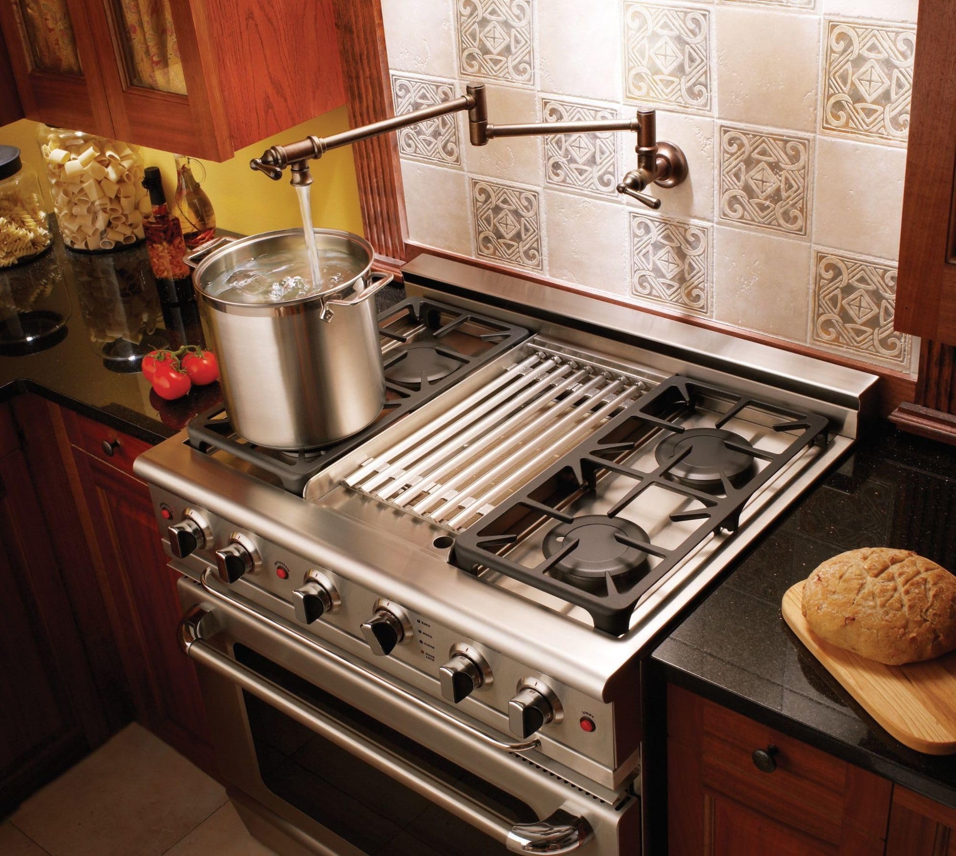 Oil rubbed bronze wall-mounted swing arm pot filler faucet with articulating spout over stove cooktop.