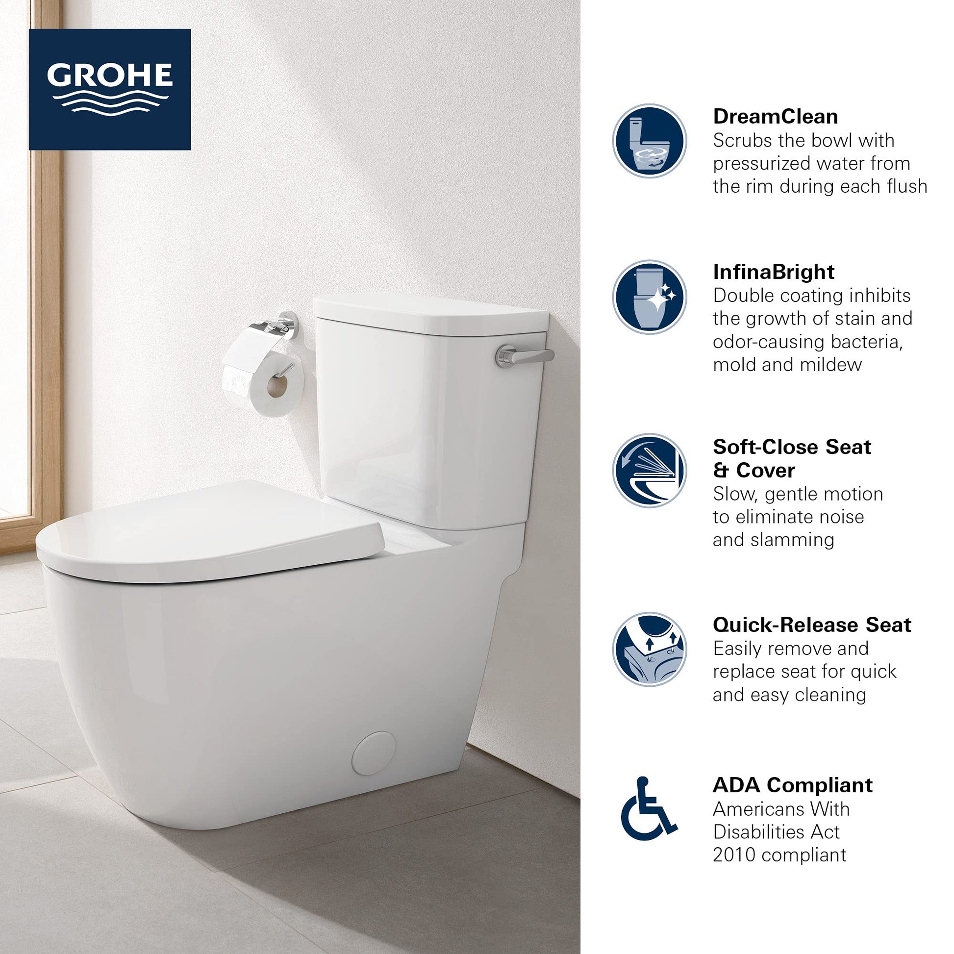 White two-piece elongated toilet with soft-close seat and tank, right-hand trip lever, shown in bathroom setting.