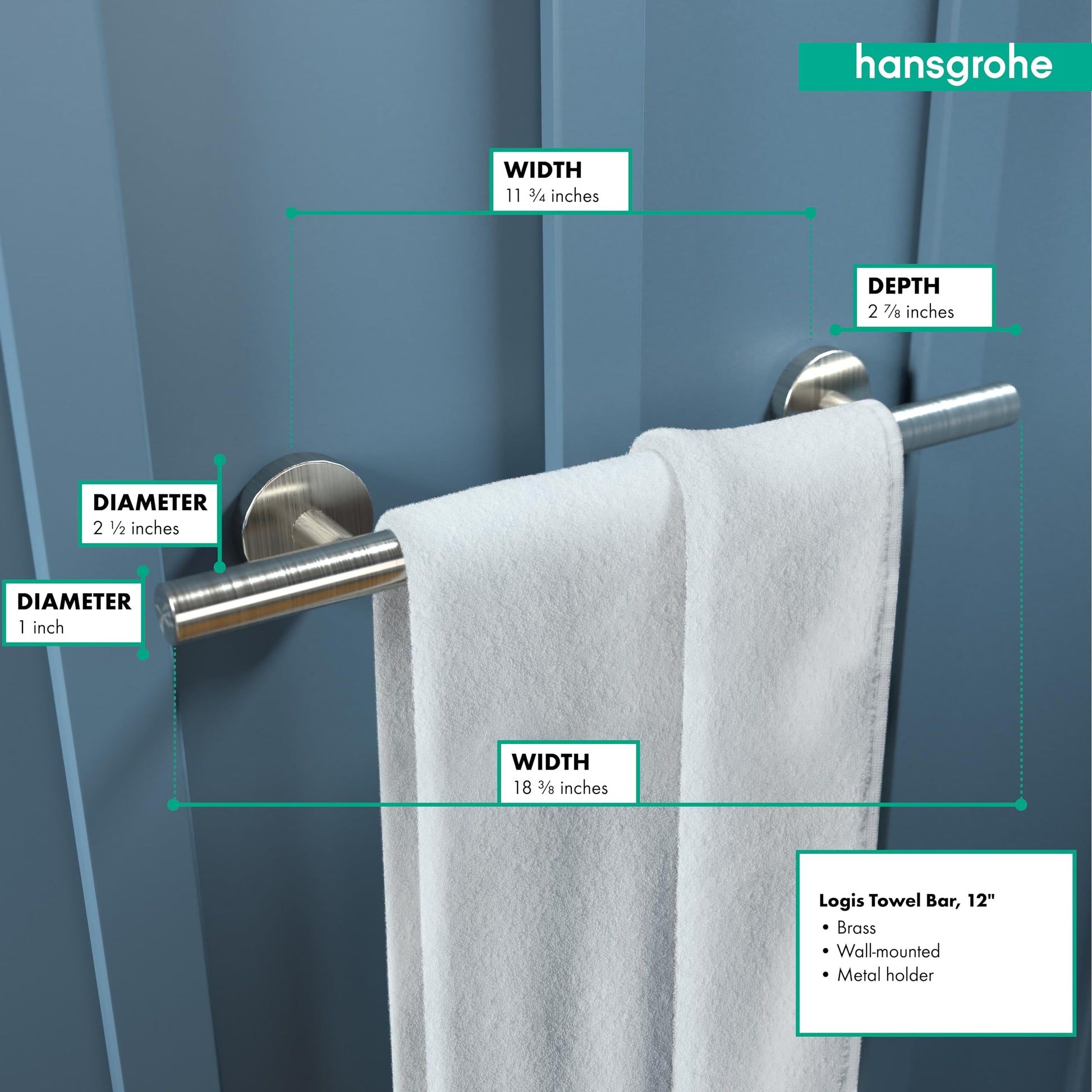 Brushed nickel towel bar with cylindrical rod and circular wall mounts holding a white towel.