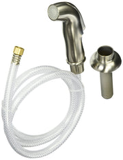 Stainless steel side spray head with perforated nozzle, clear vinyl hose, brass connector, and mounting flange.