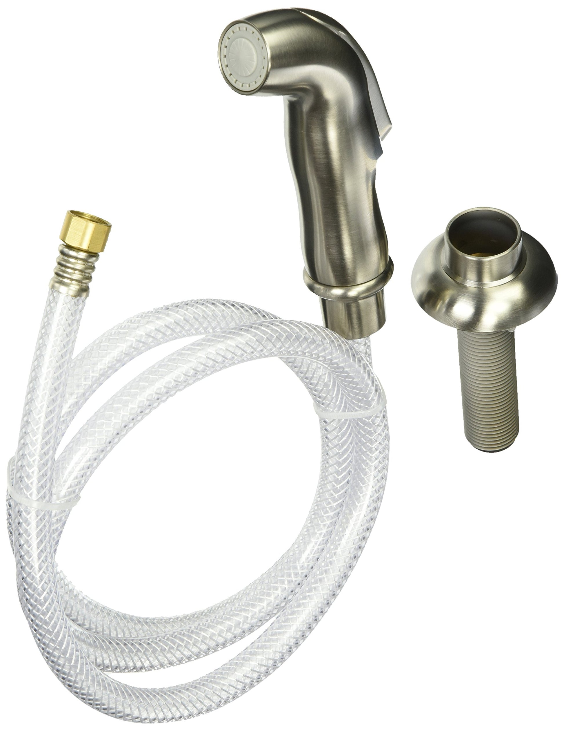 Stainless steel side spray head with perforated nozzle, clear vinyl hose, brass connector, and mounting flange.