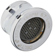 Chrome faucet aerator with honeycomb mesh screen and flow rate specifications printed on outer ring.