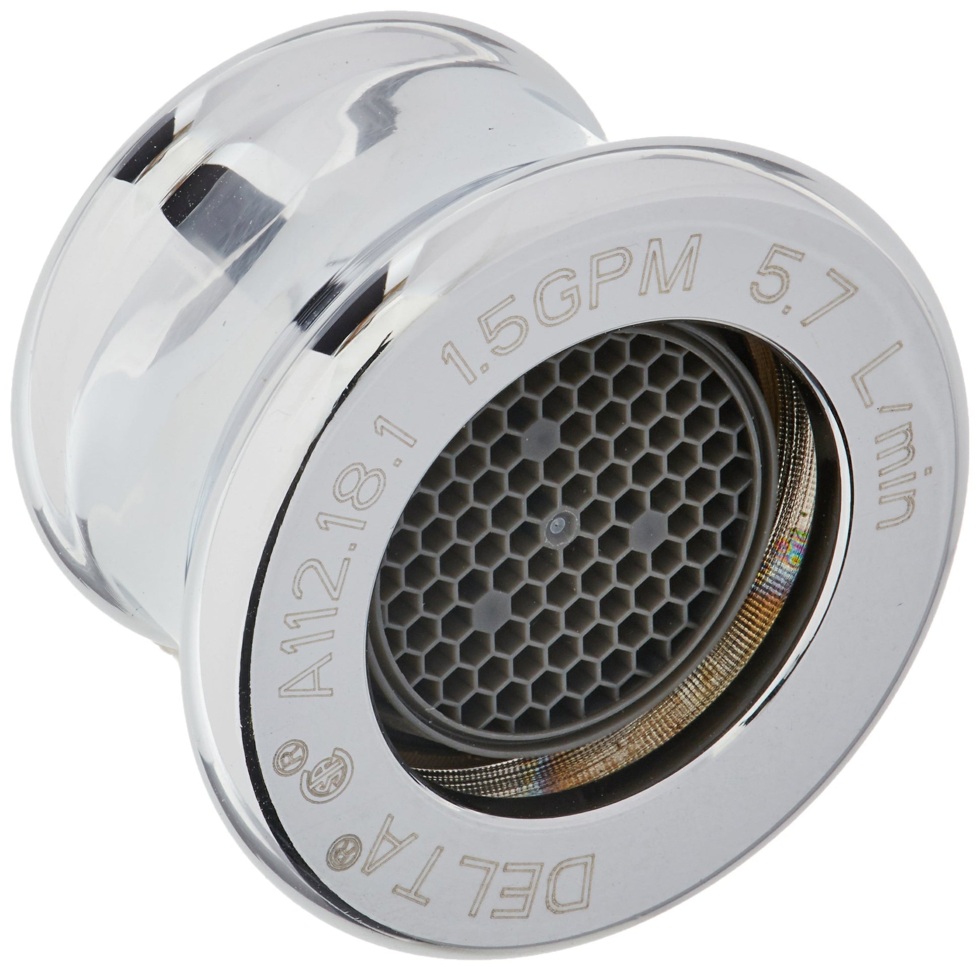 Chrome faucet aerator with honeycomb mesh screen and flow rate specifications printed on outer ring.