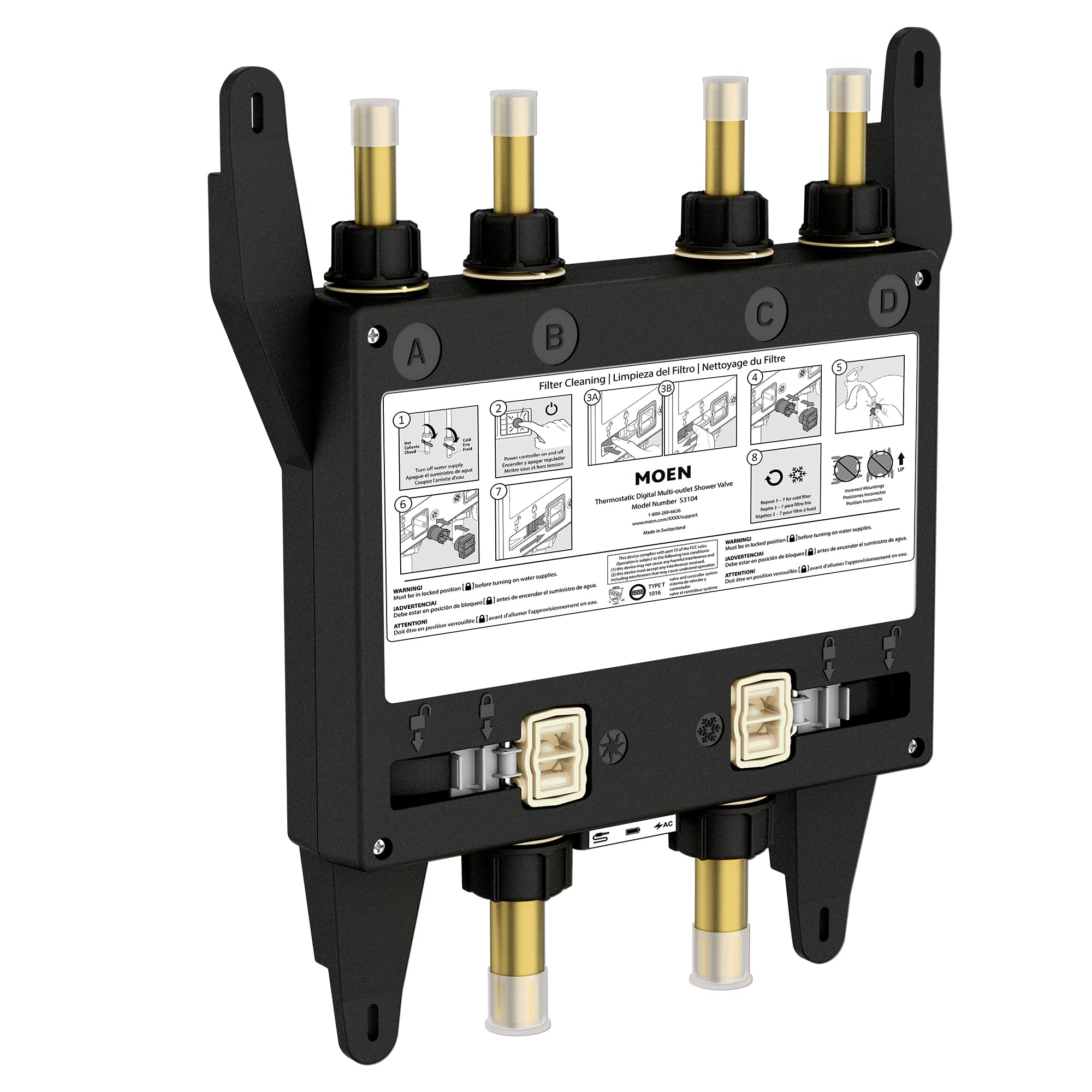 Moen S3104 smart shower digital valve with four brass outlets and black housing, showing installation diagram and labeled por