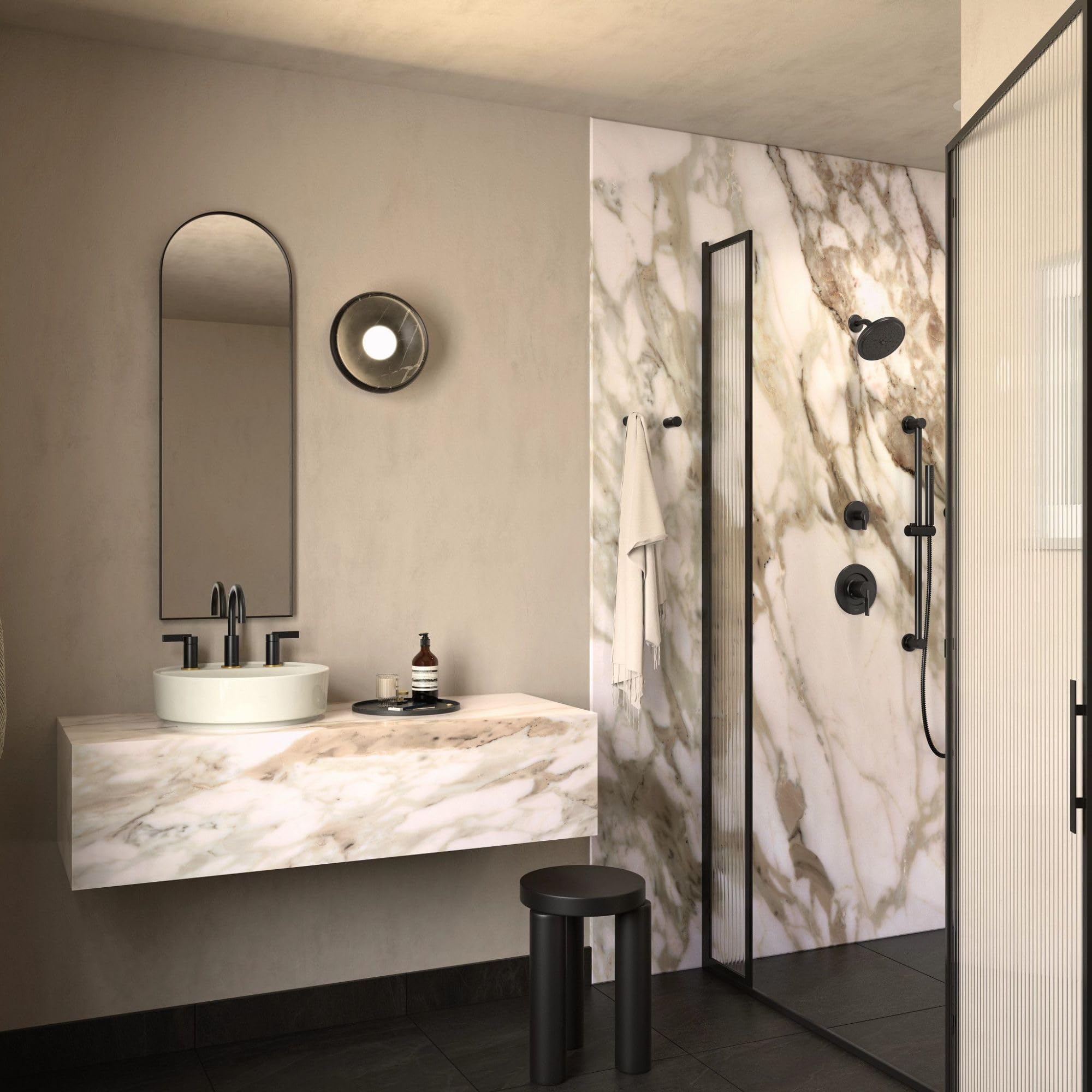 Matte black two-handle widespread bathroom faucet with high arc spout installed on marble countertop.