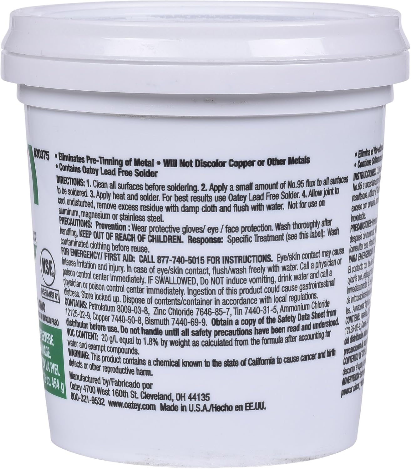 White plastic container with snap-on lid labeled Oatey No 95 Tinning Flux with directions and safety information printed on t