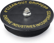 Black mechanical clean out plug with 4-inch diameter and metal threaded center fitting.