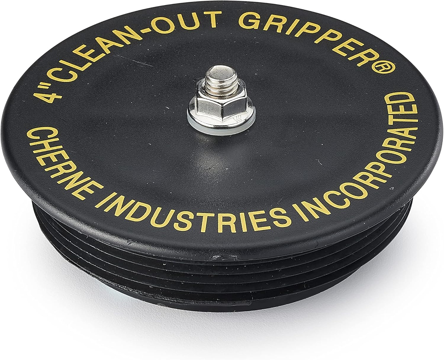 Black mechanical clean out plug with 4-inch diameter and metal threaded center fitting.