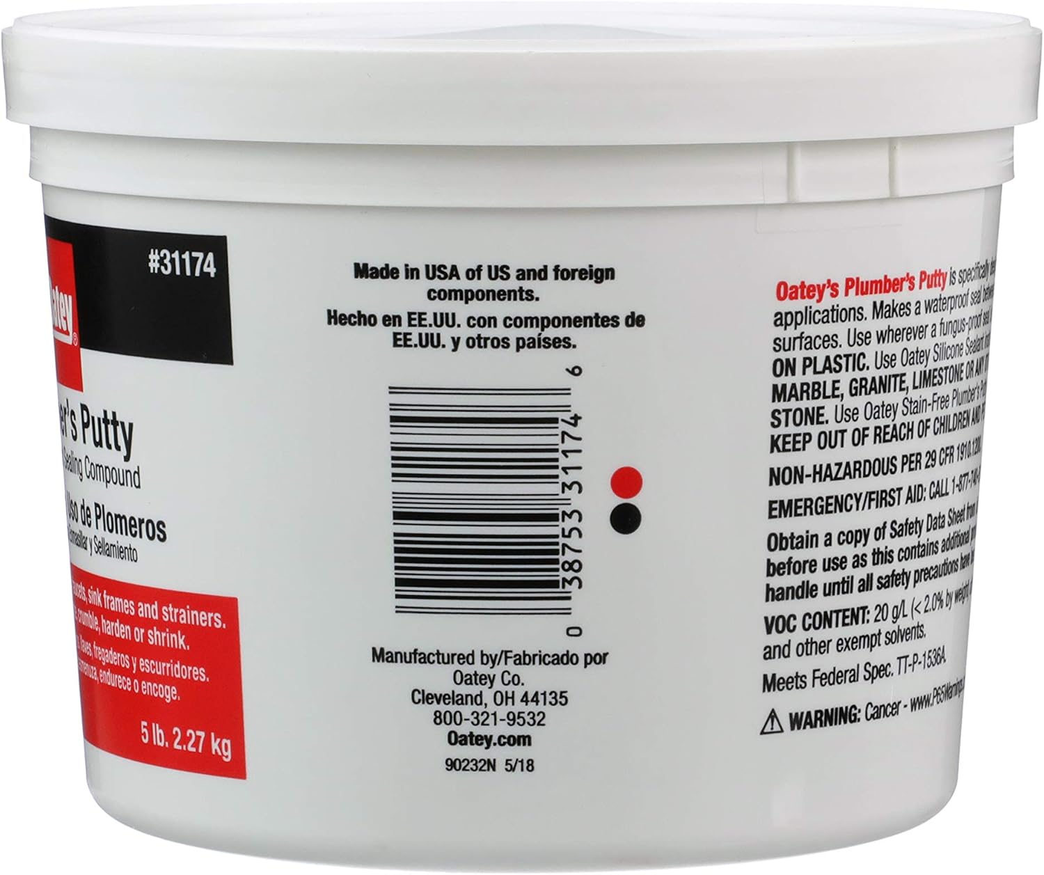 White plastic container of Oatey plumber's putty with red and black label and white lid.