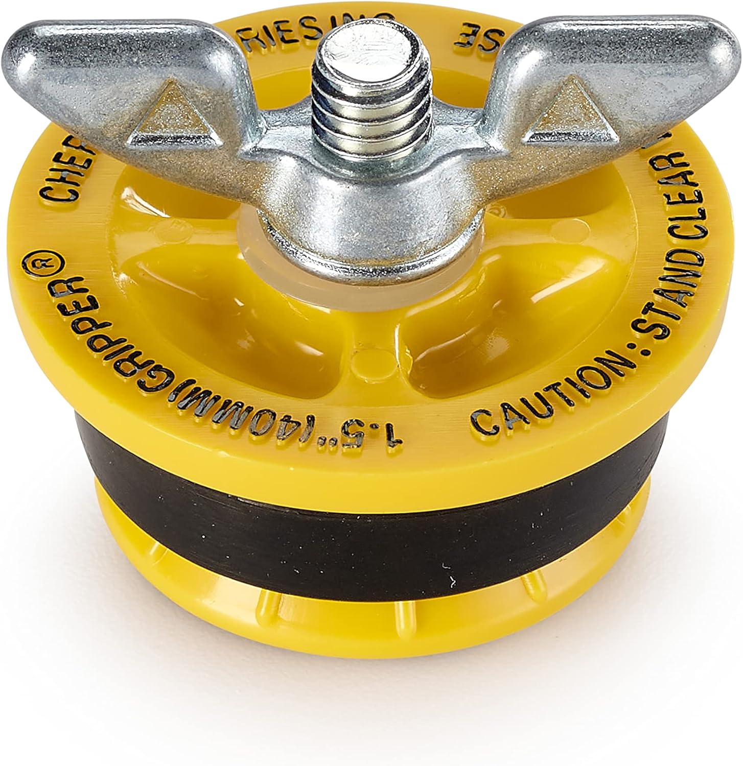 Yellow mechanical pipe gripper with metal lever handles and threaded center post, 1-1/2 inch size.