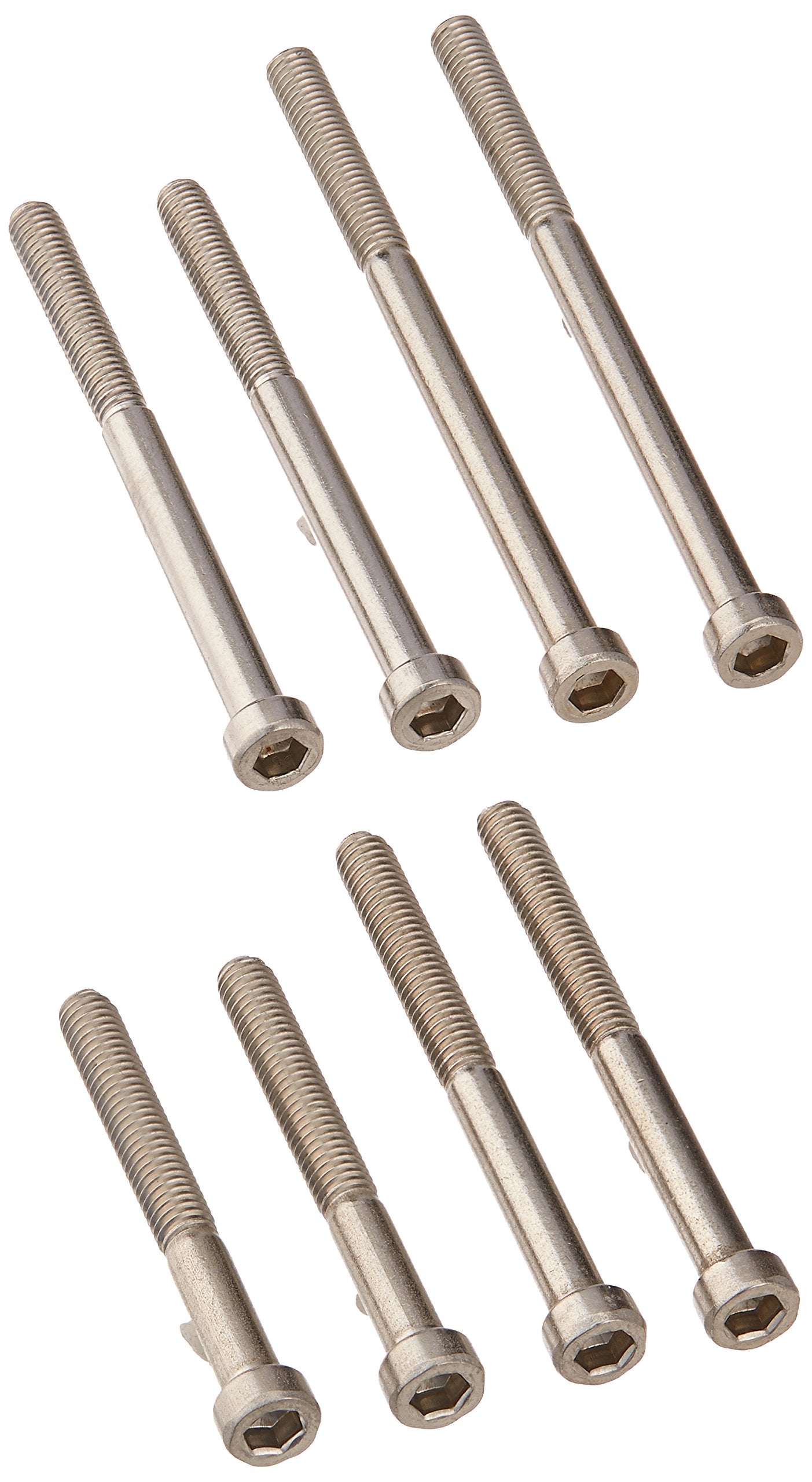 Eight stainless steel socket head screws in progressively increasing lengths arranged in two rows.