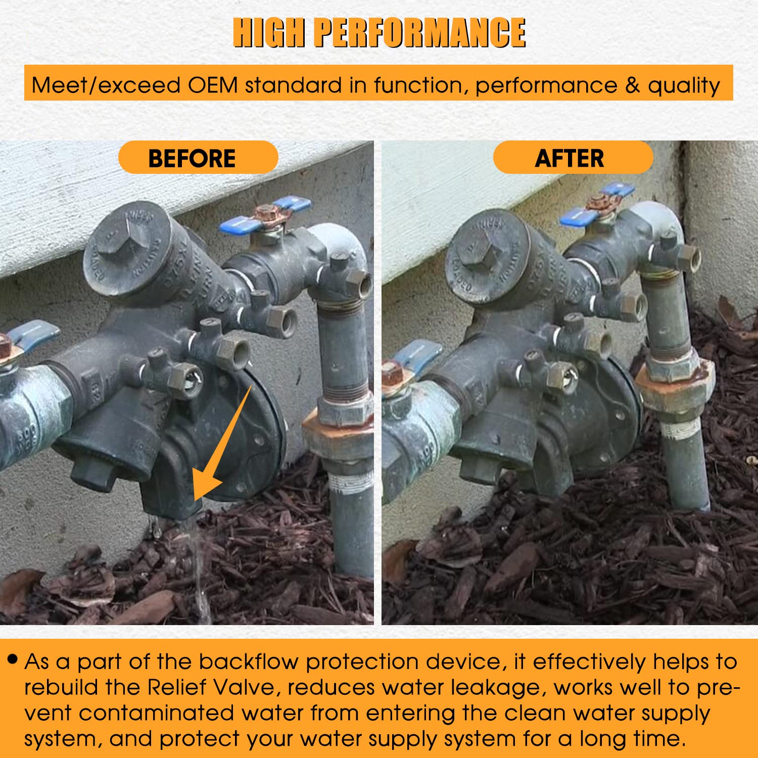 Silicone rubber repair kit showing before and after installation on a Watts backflow prevention device with relief valve asse