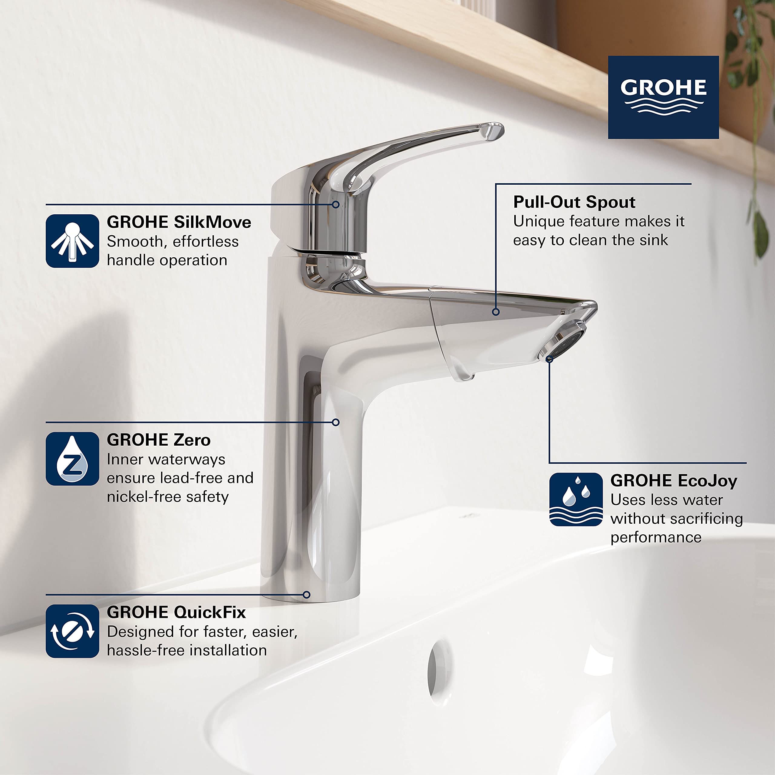 Chrome single-handle bathroom faucet with pull-out spout and curved lever handle mounted on white sink.