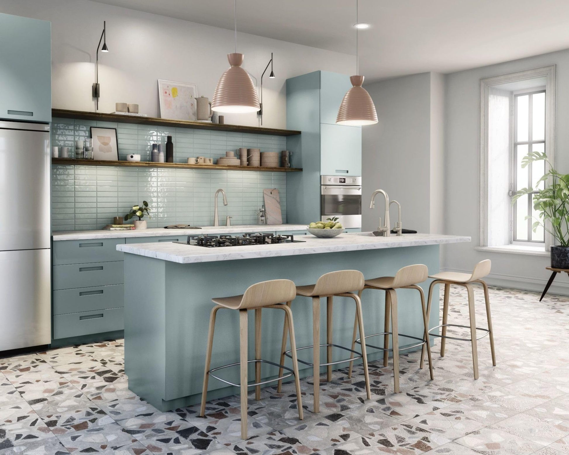 Stainless steel one-handle high-arc pulldown faucet with spot resist finish installed at modern kitchen island sink.